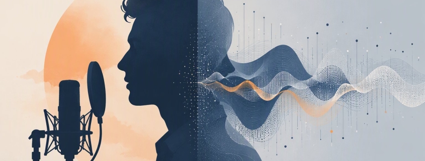 Human voice actor vs AI voice - silhouette with microphone turning into digital sound waves